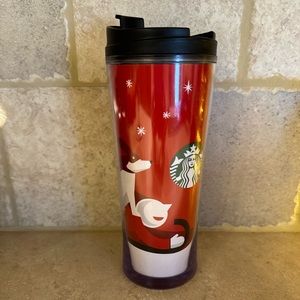 STARBUCKS CHRISTMAS INSULATED TRAVEL MUG COFFEE CUP with RED DOG ON SLED